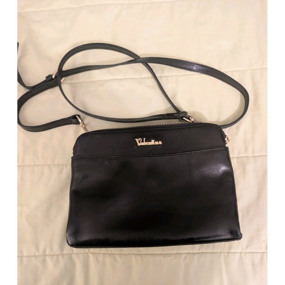 Valentina Black 100% Leather Made In Italy Triple Entry Crossbody Shoulder Bag